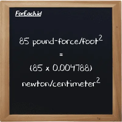 How to convert pound-force/foot<sup>2</sup> to newton/centimeter<sup>2</sup>: 85 pound-force/foot<sup>2</sup> (lbf/ft<sup>2</sup>) is equivalent to 85 times 0.004788 newton/centimeter<sup>2</sup> (N/cm<sup>2</sup>)